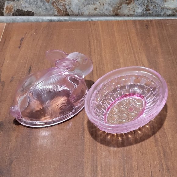VTG Pink Purple Easter Bunny Rabbit Glass Covered Trinket Oval Candy Dish Transl - Picture 4 of 13